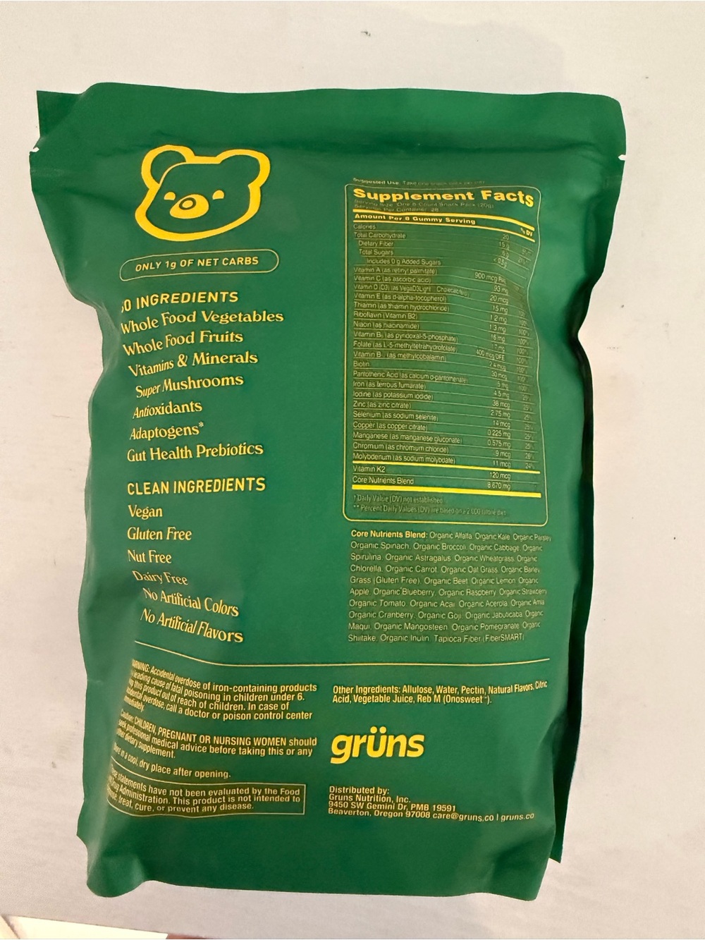 Gruns Adults Super Greens Gummies Bears Sugar Free Superfood 28 Packs Unopened - Picture 3 of 4